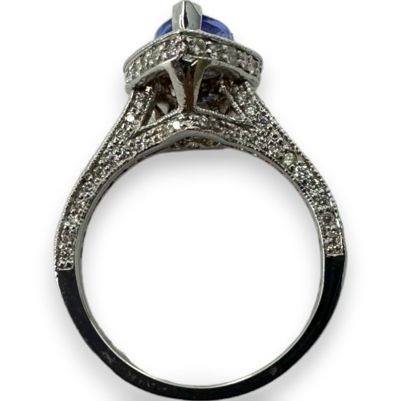 Solid 14kt White Gold Rhodium Plated Pear Shaped Prong Set Tanzanite Solitaire Ring with Diamond Halo Size 7.5