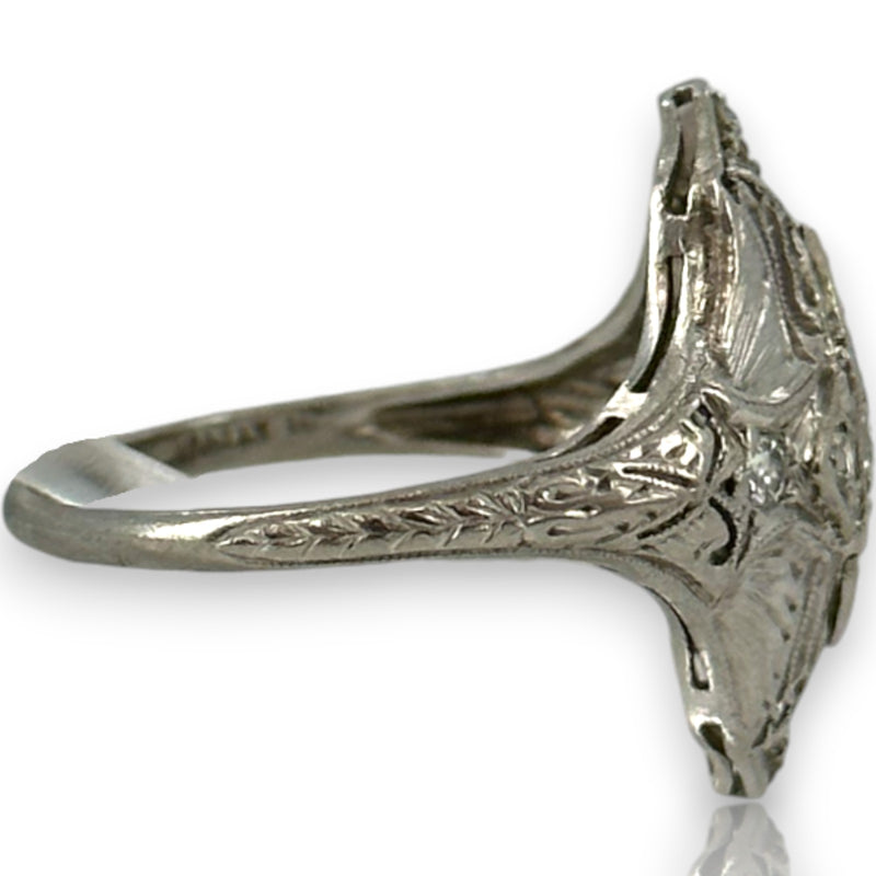 1920s 900 Platinum Art Deco Era Filigree 18mm Dinner Ring with 0.32ctw Diamonds and Milgrain Openwork Details Size 5.75