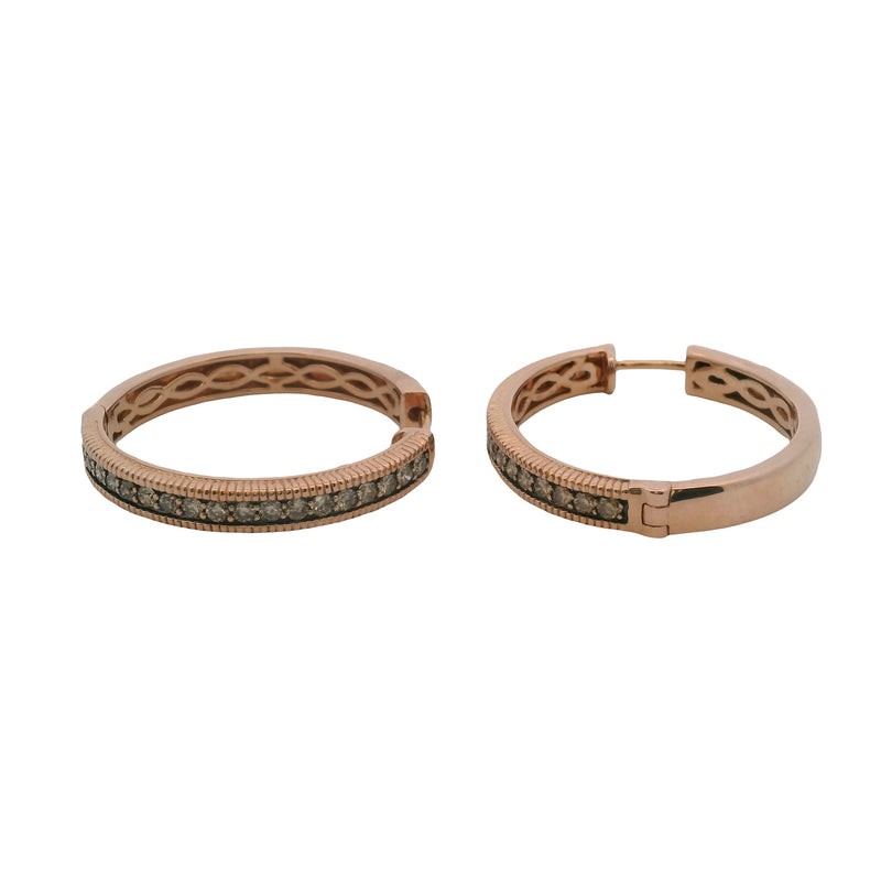LeVian 14kt Rose Gold and Brown Diamonds Milgrain 1" Diameter Hoop Earrings