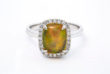 DVANI Jewelry Solid 14kt White Gold and Ethiopian Welo Jelly Opal Cabochon Cocktail Ring with Halo of Diamonds Size 6.5