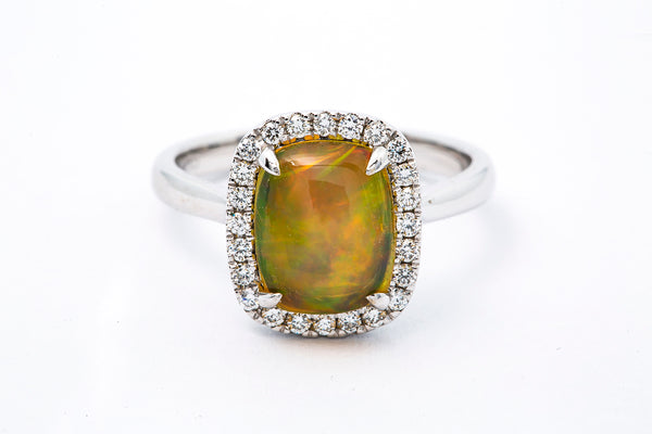 DVANI Jewelry Solid 14kt White Gold and Ethiopian Welo Jelly Opal Cabochon Cocktail Ring with Halo of Diamonds Size 6.5