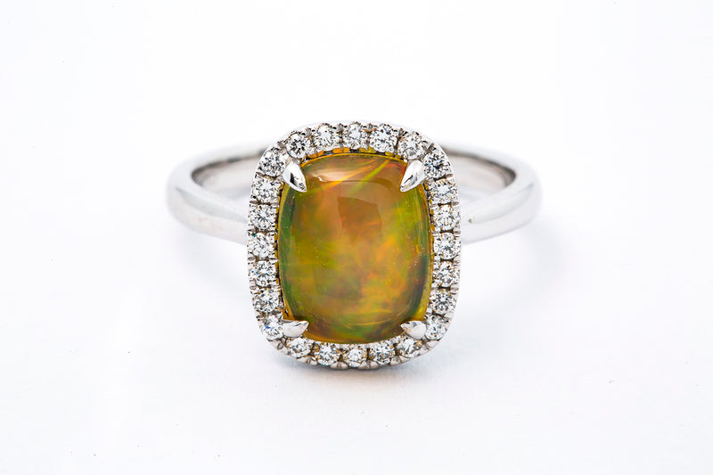 DVANI Jewelry Solid 14kt White Gold and Ethiopian Welo Jelly Opal Cabochon Cocktail Ring with Halo of Diamonds Size 6.5