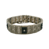 Antique 1920s White Mfg Co 14kt White Gold, Onyx, and Diamond Filigree Deco Bracelet 7.5"