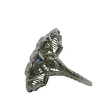 Antique 1920-30s Art Deco 18kt White Gold 3 Diamond and Lab Sapphire Filigree Dinner Ring Size 7.75