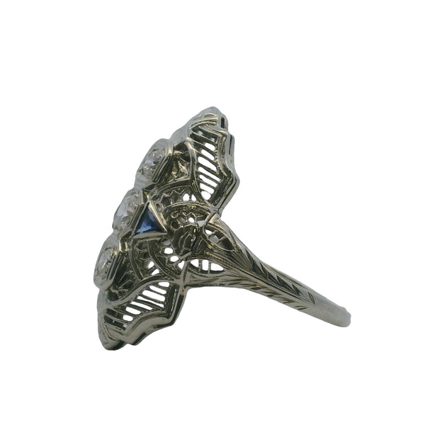 Antique 1920-30s Art Deco 18kt White Gold 3 Diamond and Lab Sapphire Filigree Dinner Ring Size 7.75
