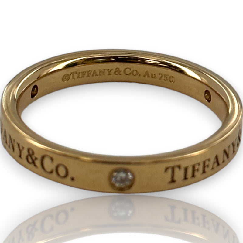 Tiffany & Co 18kt Rose Gold Band Ring with Outside Logo and 3 Round Brilliant Diamonds