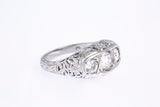Antique Carved & Pierced Three Stone Diamond Line 950 Platinum Ring Size 6 1/2