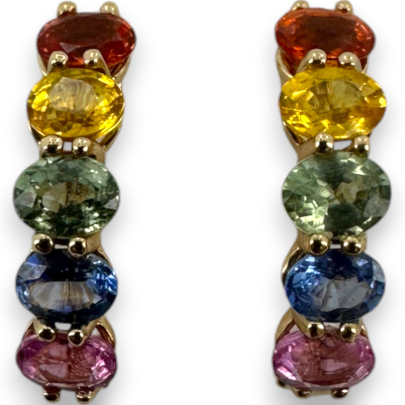 LALI Jewels 14kt Yellow Gold Snap Closure Huggie Earrings with Rainbow of Multi-Colored Sapphires