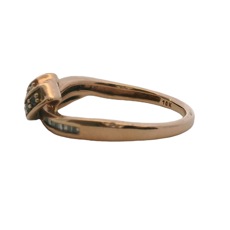 10kt Rose Gold Ribbon Ring with White and Brown Diamonds Size 6.75