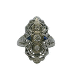 Antique 1920-30s Art Deco 18kt White Gold 3 Diamond and Lab Sapphire Filigree Dinner Ring Size 7.75