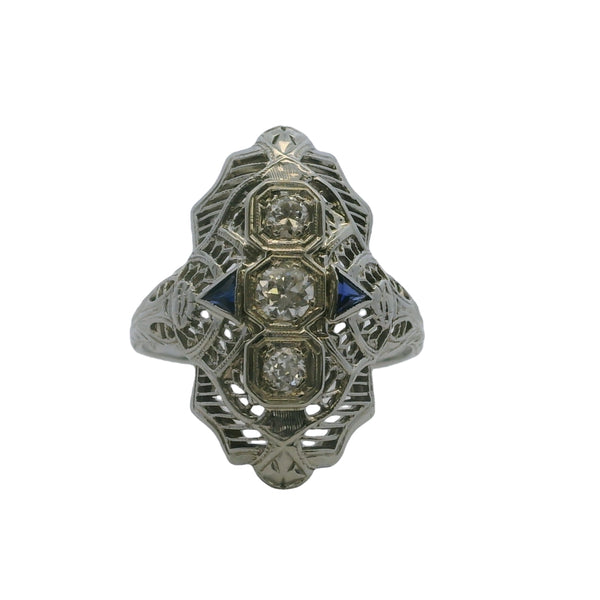 Antique 1920-30s Art Deco 18kt White Gold 3 Diamond and Lab Sapphire Filigree Dinner Ring Size 7.75