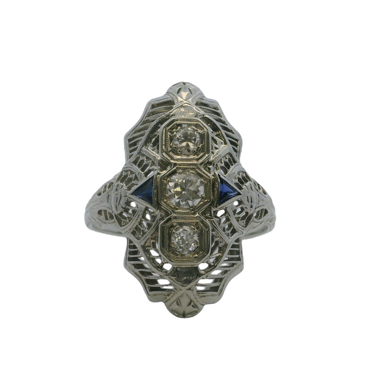 Antique 1920-30s Art Deco 18kt White Gold 3 Diamond and Lab Sapphire Filigree Dinner Ring Size 7.75