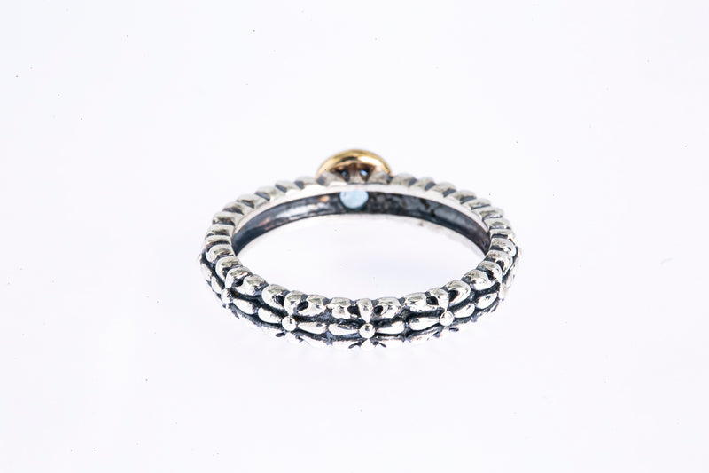 T&C Aquamarine Byzantine Carved Band 925 Silver & 14K Yellow Gold Ring Sz 7 1/4