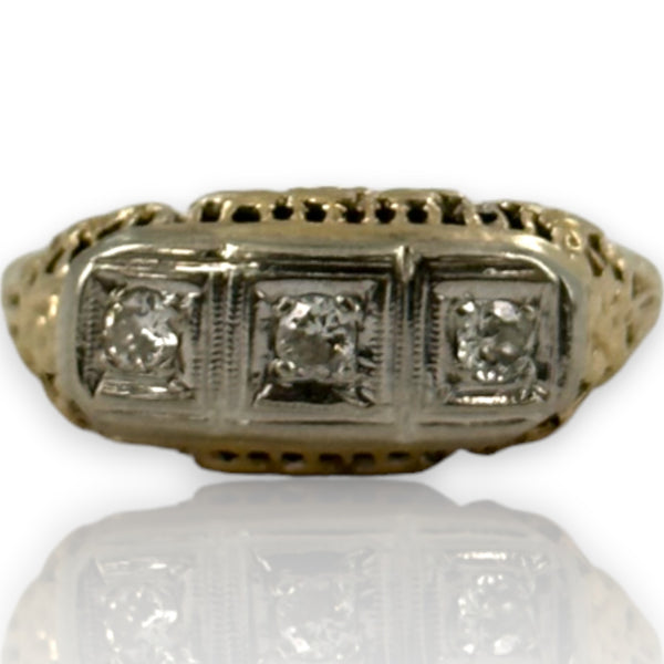 Vintage 14kt Yellow/White Gold Cast of Art Deco Filigree Ring with Original Old Euro and Transitional Diamonds
