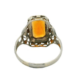 Antique 1920s Solid 10kt White Gold Orange Citrine Solitaire Filigree Ring Size 7