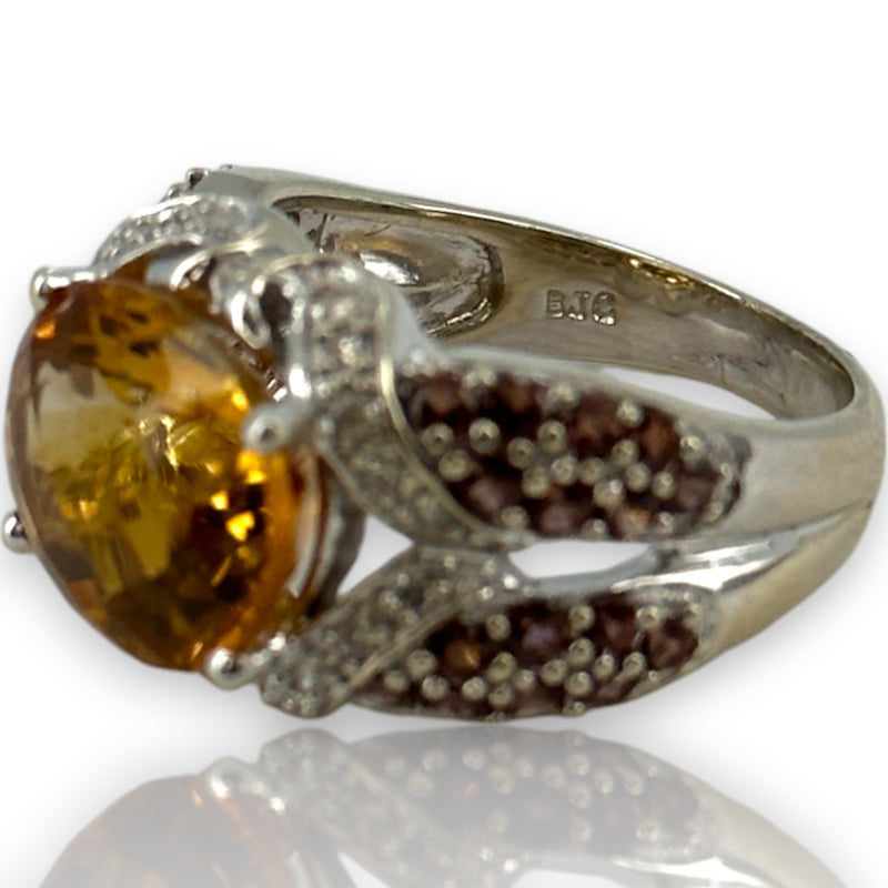 14kt Solid White Gold Cocktail Ring with Large Citrine, Diamonds, and Tourmaline Sides Size 6