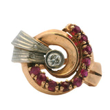Vintage 1930s Solid Rose White Gold Retro Spiral Ring with Diamond Rubies Size 8
