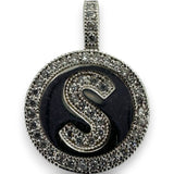 Letter "S" Cubic Zirconia Alphabet Disk Pendant Charm 14kt White Gold Rhodium Plated