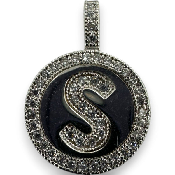 Letter "S" Cubic Zirconia Alphabet Disk Pendant Charm 14kt White Gold Rhodium Plated
