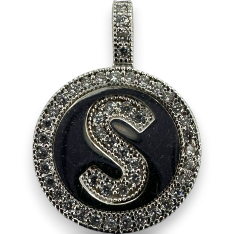 Letter "S" Cubic Zirconia Alphabet Disk Pendant Charm 14kt White Gold Rhodium Plated