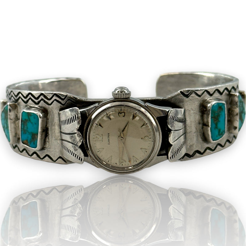 Native American 925 Sterling Silver and Natural Turquoise Blancpain Watch Cuff