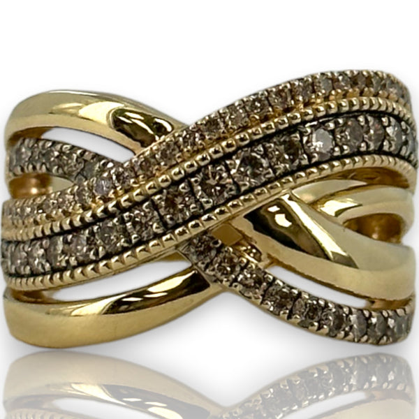 LeVian 14kt Yellow Gold Crossover 14mm Ring with Champagne "Chocolate" Diamonds Size 8