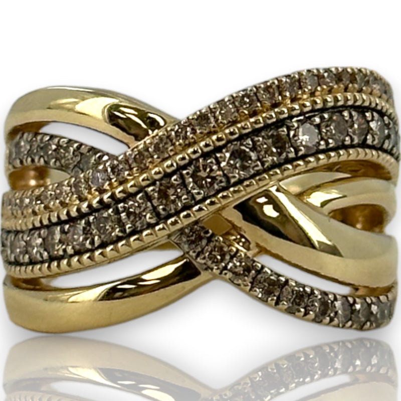 LeVian 14kt Yellow Gold Crossover 14mm Ring with Champagne "Chocolate" Diamonds Size 8