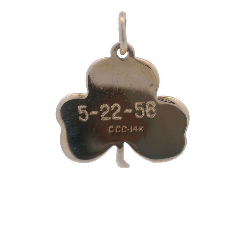 1956 Vintage 14kt Yellow Gold and Green Enamel Clover Good Luck "5-22-56" Charm