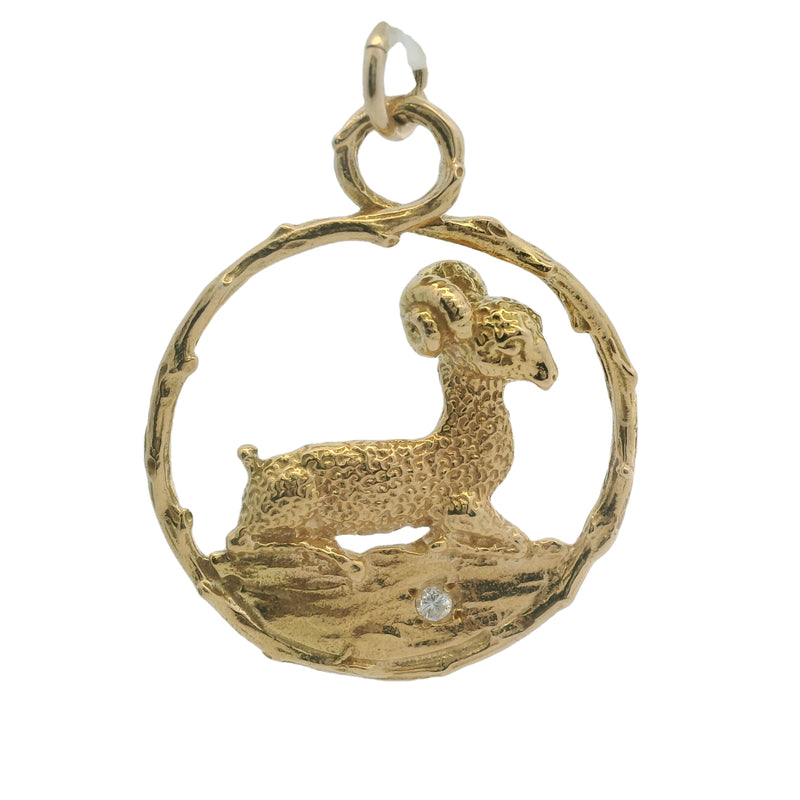 Vintage Merrin Solid 18kt Yellow Gold and Diamond Aries Zodiac Ram Astrology Pendant