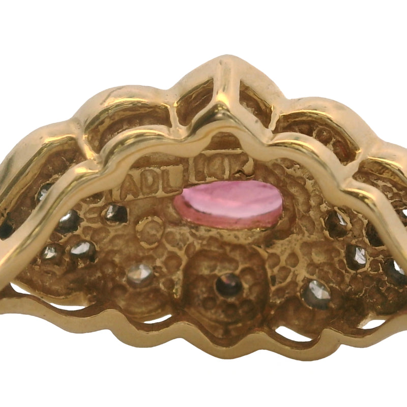 Vintage 14kt Yellow Gold Ruby Cocktail Ring with Cluster Diamond Accents Size 6