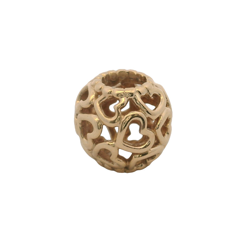 Charm espaciador redondo "Abre tu corazón" de Pandora, oro amarillo macizo de 14 kt, retirado.