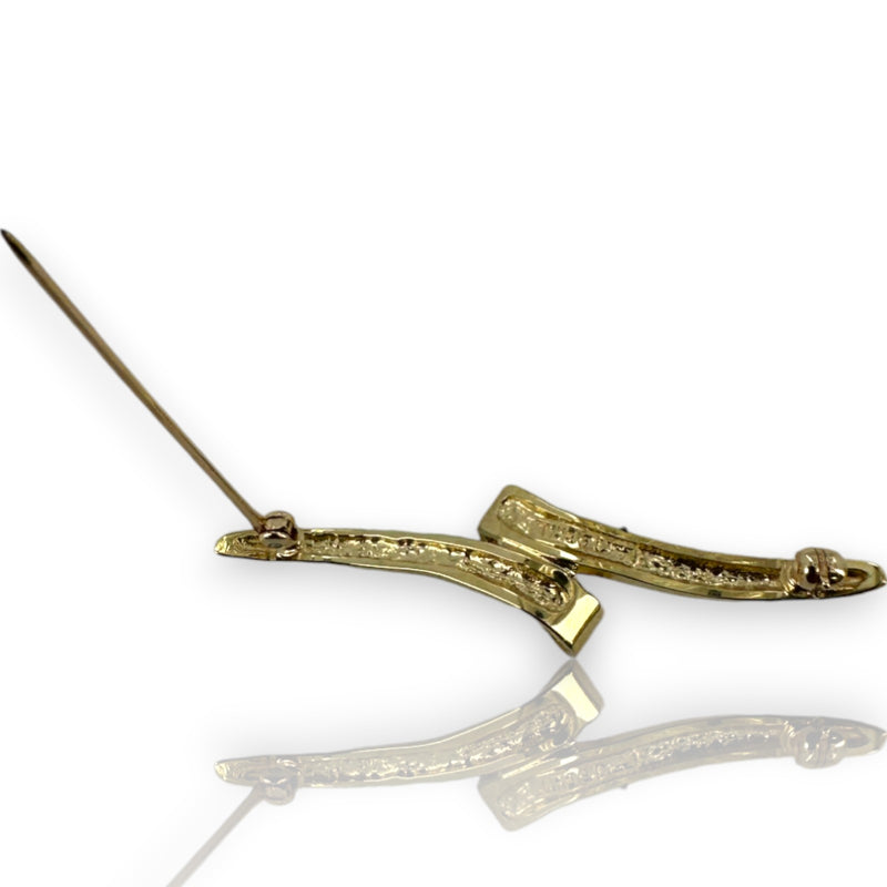 Skalet Vintage 1940-50s 14kt Yellow Gold and Diamond Ribbon Brooch