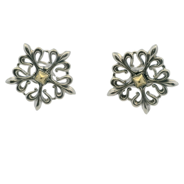 Vintage Lagos Caviar 925 Sterling Silver and 18kt Yellow Gold Fleur De Lis Omega-Back Earrings