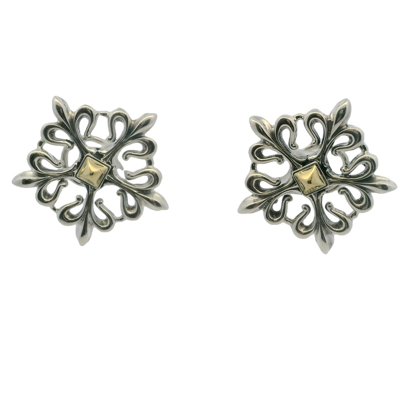 Vintage Lagos Caviar 925 Sterling Silver and 18kt Yellow Gold Fleur De Lis Omega-Back Earrings