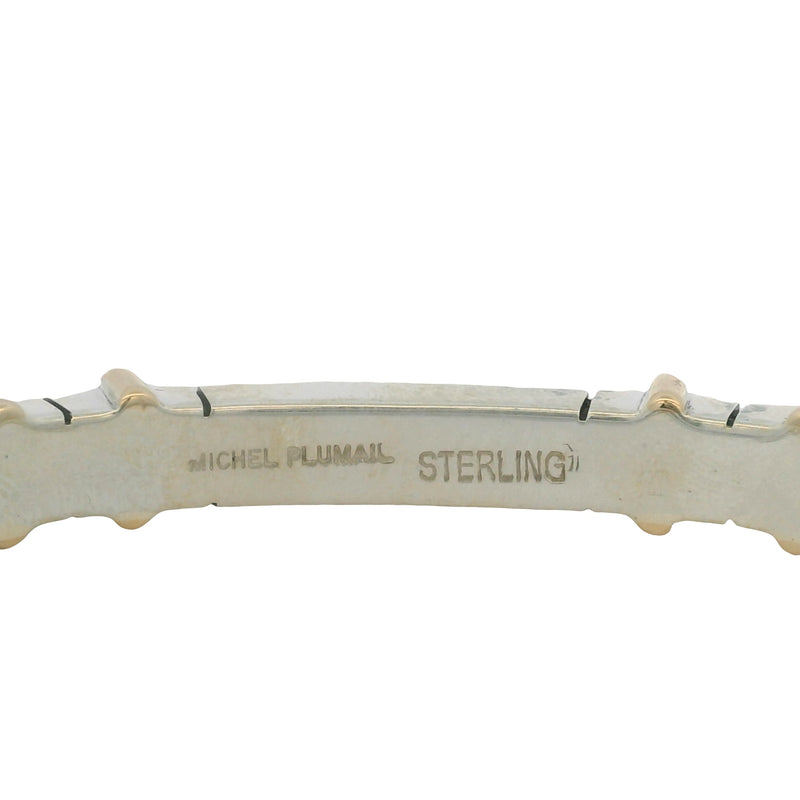 Michel Plumail Solid 925 Sterling Silver Artisan Modernist 4 Gold Bar Accent Cuff Bracelet 6"