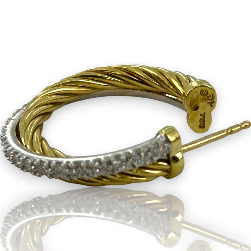 David Yurman Solid 18kt Yellow Gold Crossover 23mm Hoop Cable Earrings with 0.34ctw of Diamonds in Original Pouch