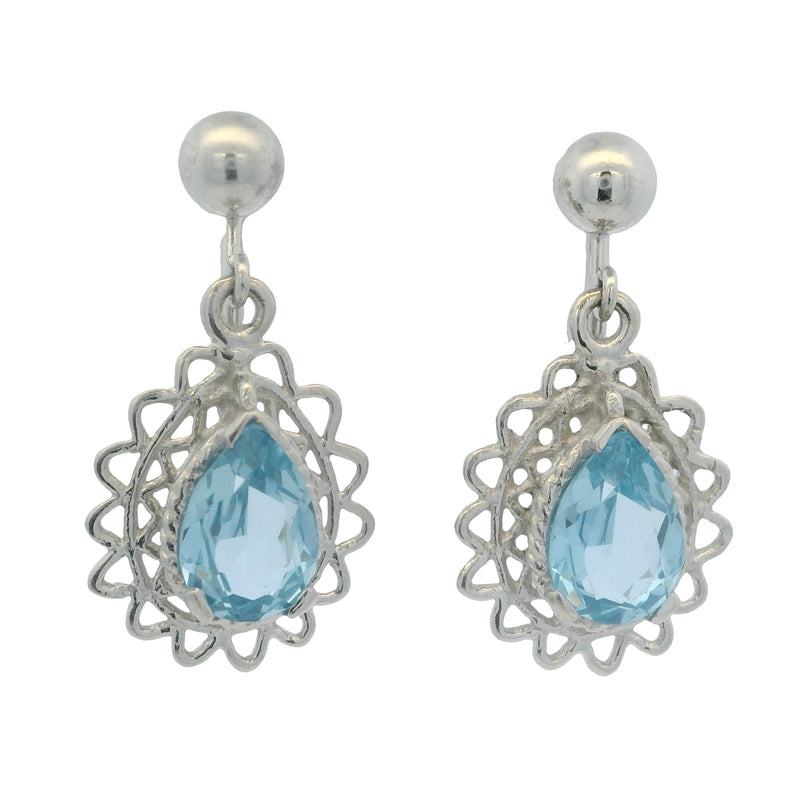 Solid 14kt White Gold Screw-Back Unpierced Drop/Dangle Earrings with Pear Blue Topaz