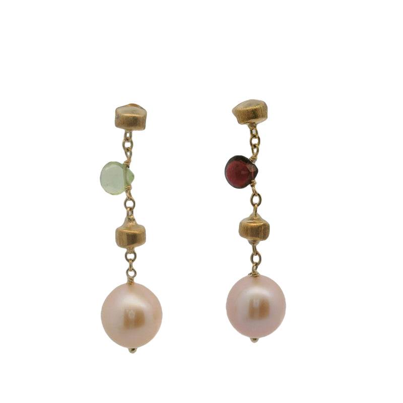 Marco Bicego Italian 18kt Yellow Gold Freshwater Pearl, Peridot, and Tourmaline Drop/Dangle Earrings