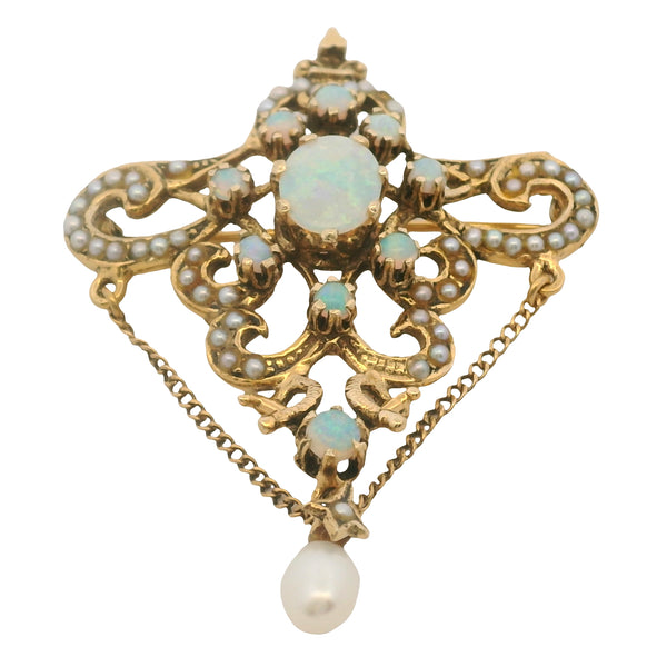 Vintage 1930-50s Victorian Revival Opal And Pearl Drop/Dangle Pendant/Brooch
