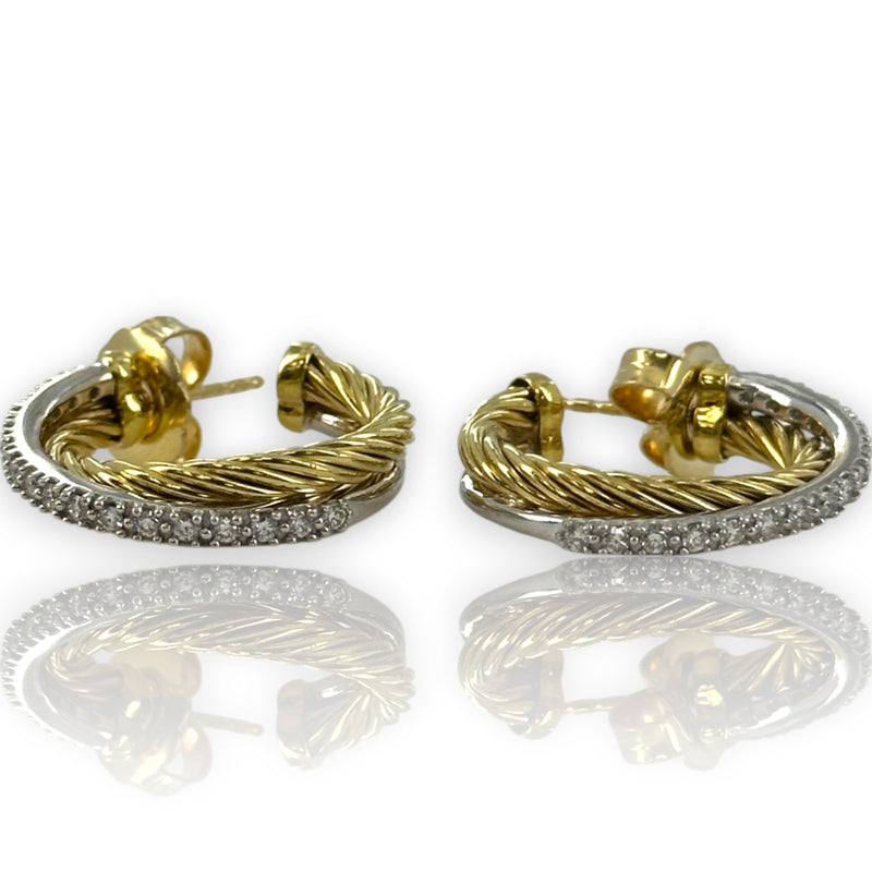 David Yurman Solid 18kt Yellow Gold Crossover 23mm Hoop Cable Earrings with 0.34ctw of Diamonds in Original Pouch