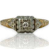 Antique 1930s Art Deco 14kt Yellow and 18kt White Gold Diamond Solitaire Ring with Shoulder Details Size 6.5