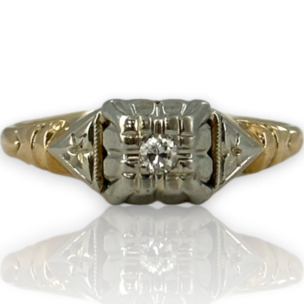 Antique 1930s Art Deco 14kt Yellow and 18kt White Gold Diamond Solitaire Ring with Shoulder Details Size 6.5