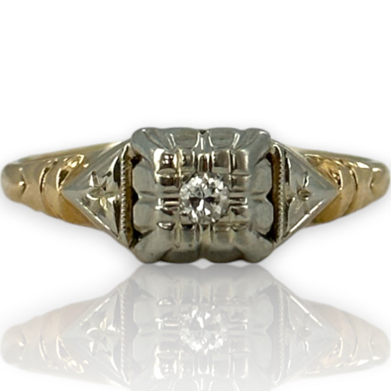 Antique 1930s Art Deco 14kt Yellow and 18kt White Gold Diamond Solitaire Ring with Shoulder Details Size 6.5