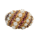 Vintage Solid 14kt Yellow Gold Garnet and Pearl Striped Cluster Cocktail Ring