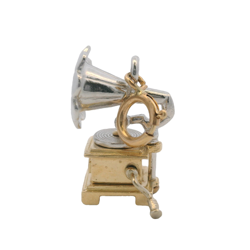 Vintage 14kt White and Yellow Gold Gramophone Phonograph Moving Charm Pendant