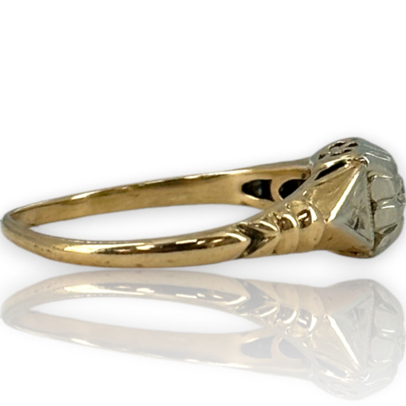 Antique 1930s Art Deco 14kt Yellow and 18kt White Gold Diamond Solitaire Ring with Shoulder Details Size 6.5