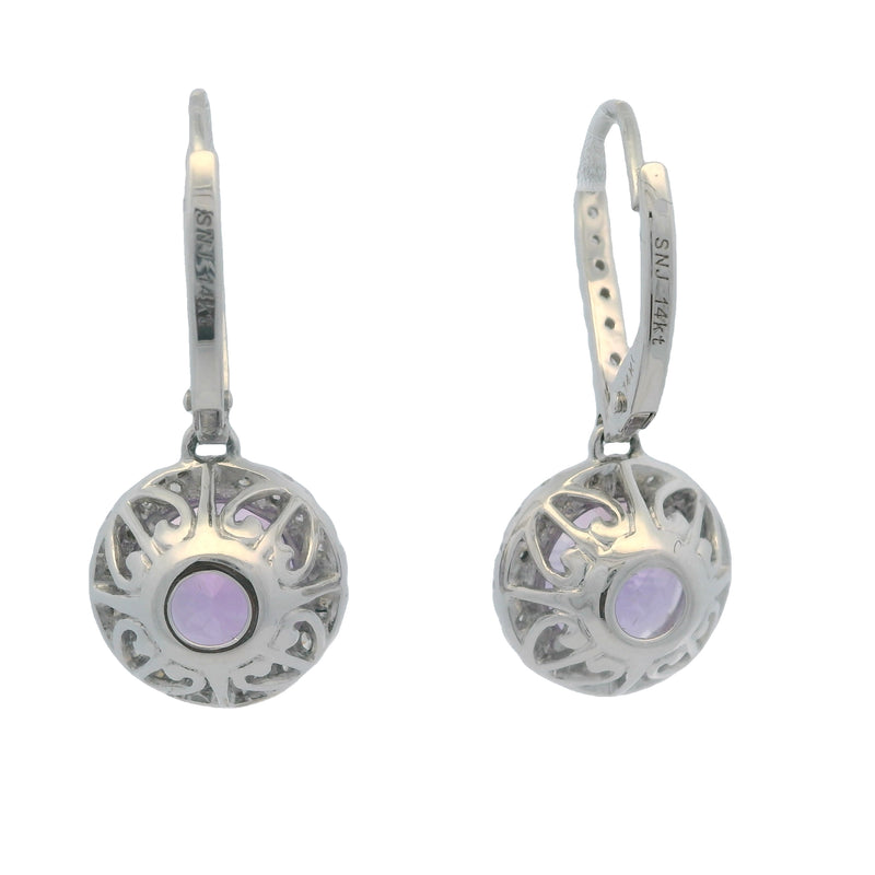 SNJ Jewelry Solid 14kt White Gold and Amethyst Drop Earrings with Diamond Halos and Accents