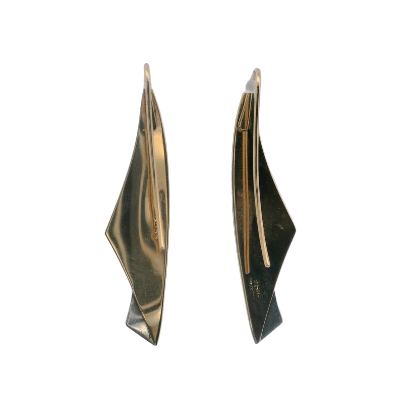 Vintage Ed Levin Modernist Era 14kt Gold and 925 Sterling Silver Linear Curve Dangle Earrings