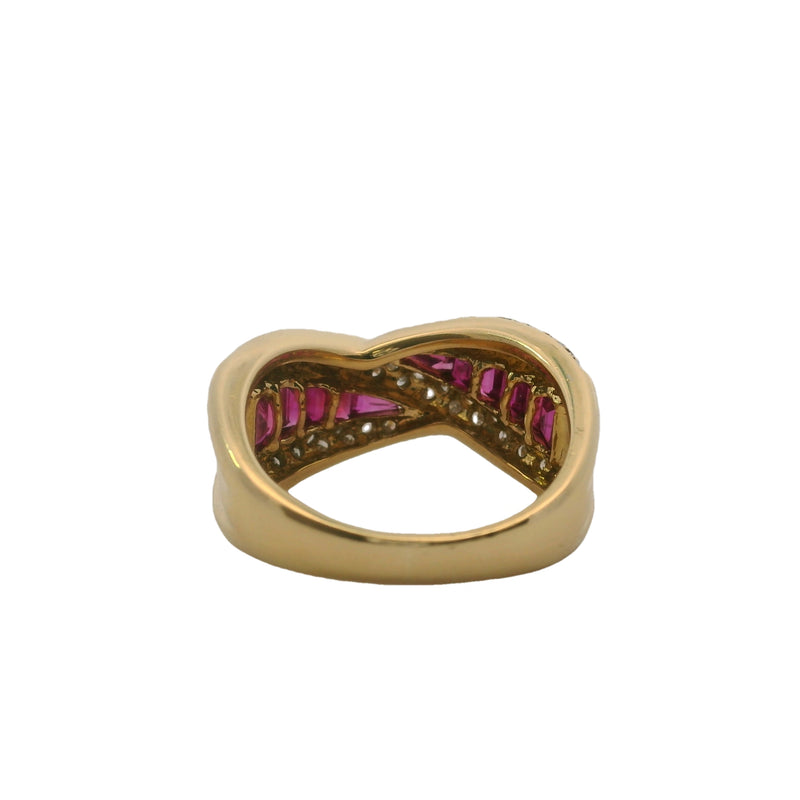 Solid 18kt Yellow Gold, Ruby, and Diamond Crossover Twist Cocktail Band Ring Size 7