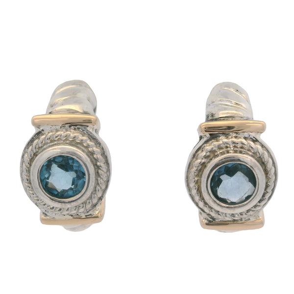 925 Sterling Silver and 14kt Rose Gold Blue Topaz Cable Huggie Stud Earrings
